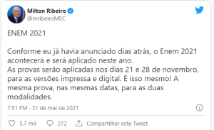 Enem 2021 está marcado para 21 e 28 de novembro